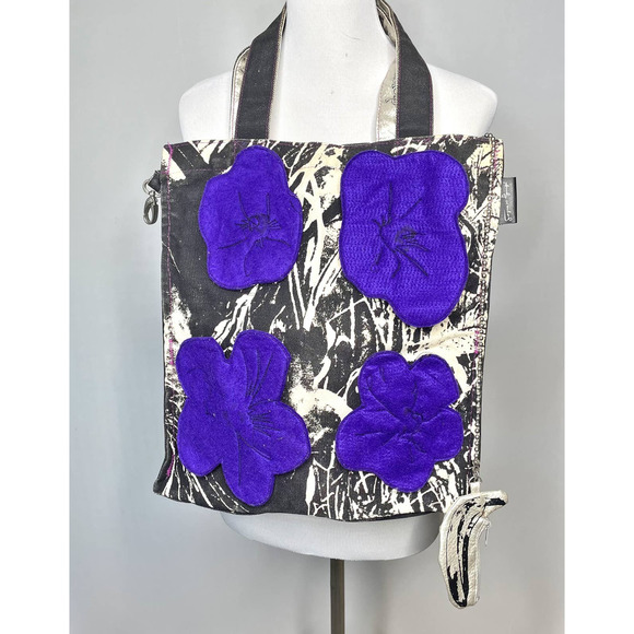 Andy Warhol Handbags - Andy Warhol Foundation 3D Flowers Tote Purple Black Gray Canvas